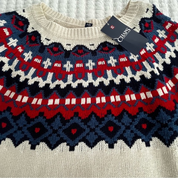 Chaps Women’s Sweater Large Oversized Off-white Knit Ski Fair-Isle Blue Red Soft - Picture 6 of 9